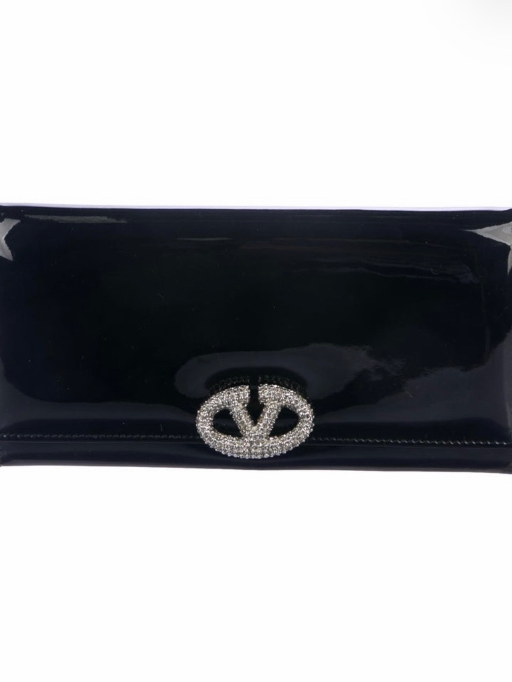 Valentino Black Patent Leather Crystal Logo Clutch